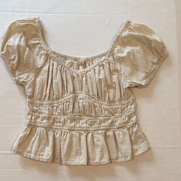 Sim & Sam Tops - Women's Cream Oatmeal Cotton/Linen Blend Puff Sleeve Top